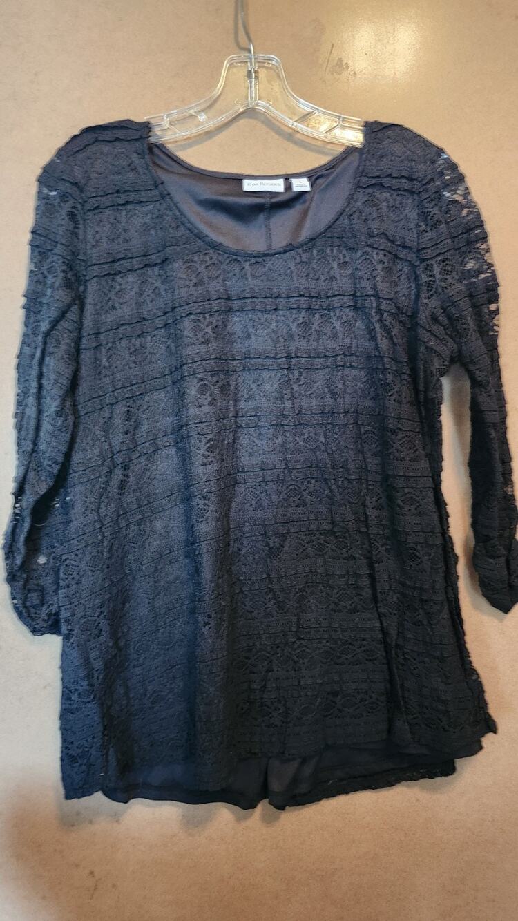 Kim Rogers Women's Size Large Black Lace Tunic Blouse Lined L #658